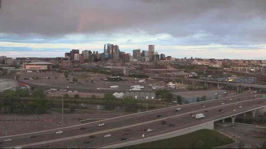 Denver skyline seen at sunset on May 12, 2024.