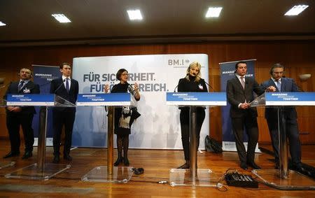 Participants in the conference "Managing Migration Together" address a news conference in Vienna, Austria, February 24, 2016. (L-R) Croatia's Interior Minister Vlaho Orepic, Austria's Foreign Minister Sebastian Kurz, Austria's Interior Minister Johanna Mikl-Leitner, Slovenia's Interior Minister Vesna Gyorkos Znidar, Macedonia's Foreign Minister Nikola Poposki, Serbia's Interior Minister Nebosja Stefanovic. REUTERS/Leonhard Foeger