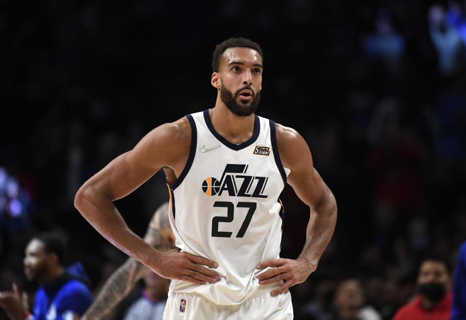 LOS ANGELES, CA - MARCH 29: Rudy Gobert #27 of the Utah Jazz reacts after getting called for a fifth foul against the Los Angeles Clippers during the second half at Crypto.com Arena on March 29, 2022 in Los Angeles, California. NOTE TO USER: User expressly acknowledges and agrees that, by downloading and/or using this Photograph, user is consenting to the terms and conditions of the Getty Images License Agreement. (Photo by Kevork Djansezian/Getty Images)