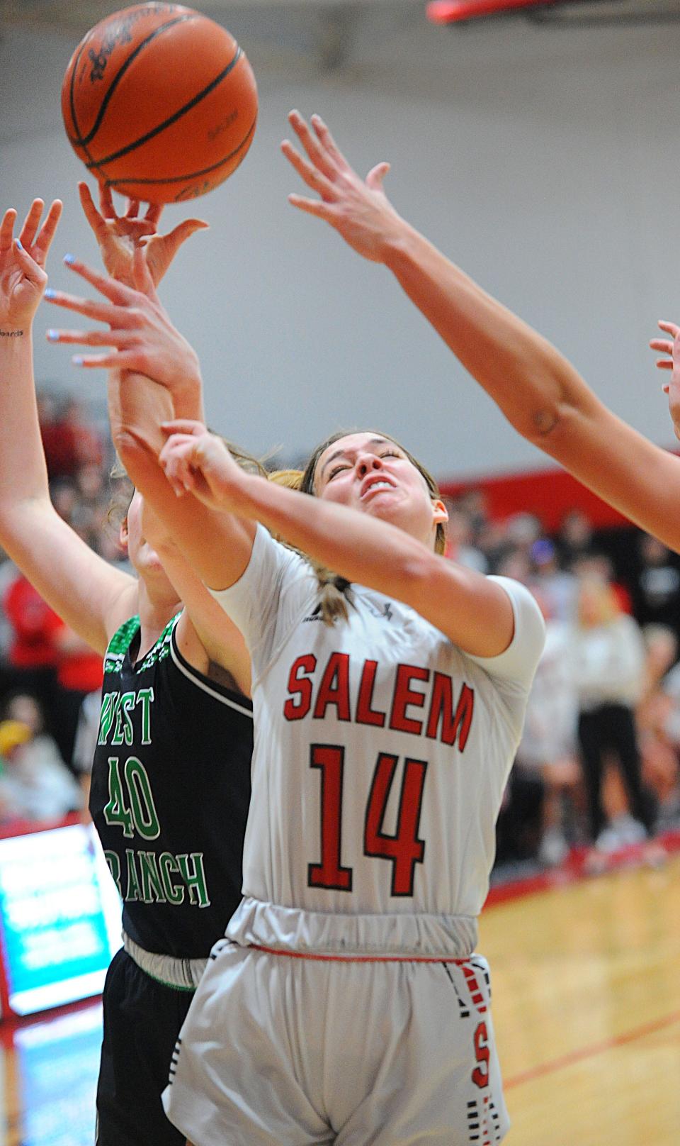 Salem's Abbie Davidson puts up a shot in an Eastern Buckeye Conference game against West Branch Saturday, January 22, 2022 at Salem High School.