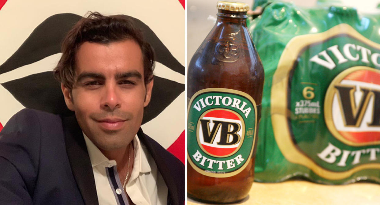 Fremantle man pictured alongside VB six pack after handing a beer to a homeless man and getting arrested.