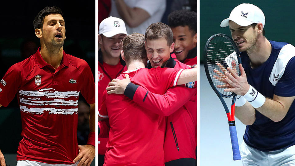 Novak Djokovic look exasperated (pictured left) and Andy Murray frustrated (pictured right) have slammed team Canada's decision to forfeit their dead rubber tie. (Getty Images)