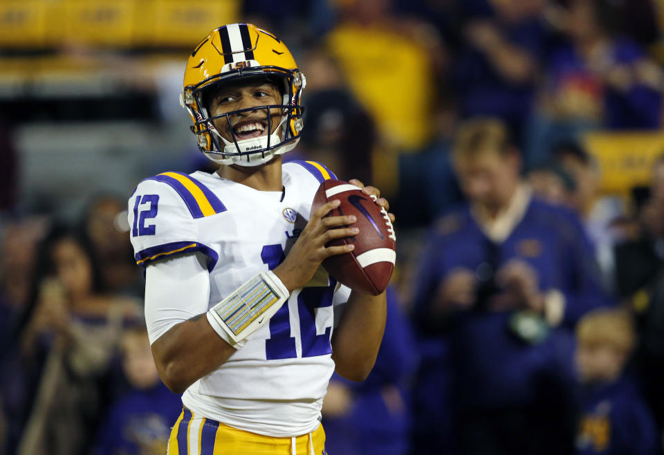 LSU quarterback Justin McMillan warms up before an NCAA college football game against Texas A&M in Baton Rouge, La., Saturday, Nov. 25, 2017. (AP Photo)