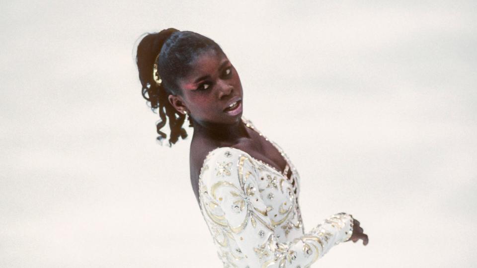 Surya Bonaly of France competes in the Free Skate portion of the Women's Figure Skating singles competition of the 1994 Winter Olympic Games