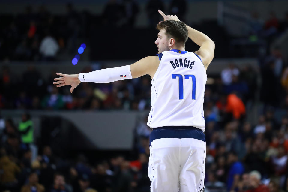 Luka Doncic #77 of the Dallas Mavericks gestures during a game between Dallas Mavericks and Detroit Pistons at Arena Ciudad de Mexico on December 12, 2019 in Mexico City, Mexico. (Photo by Hector Vivas/Getty Images)