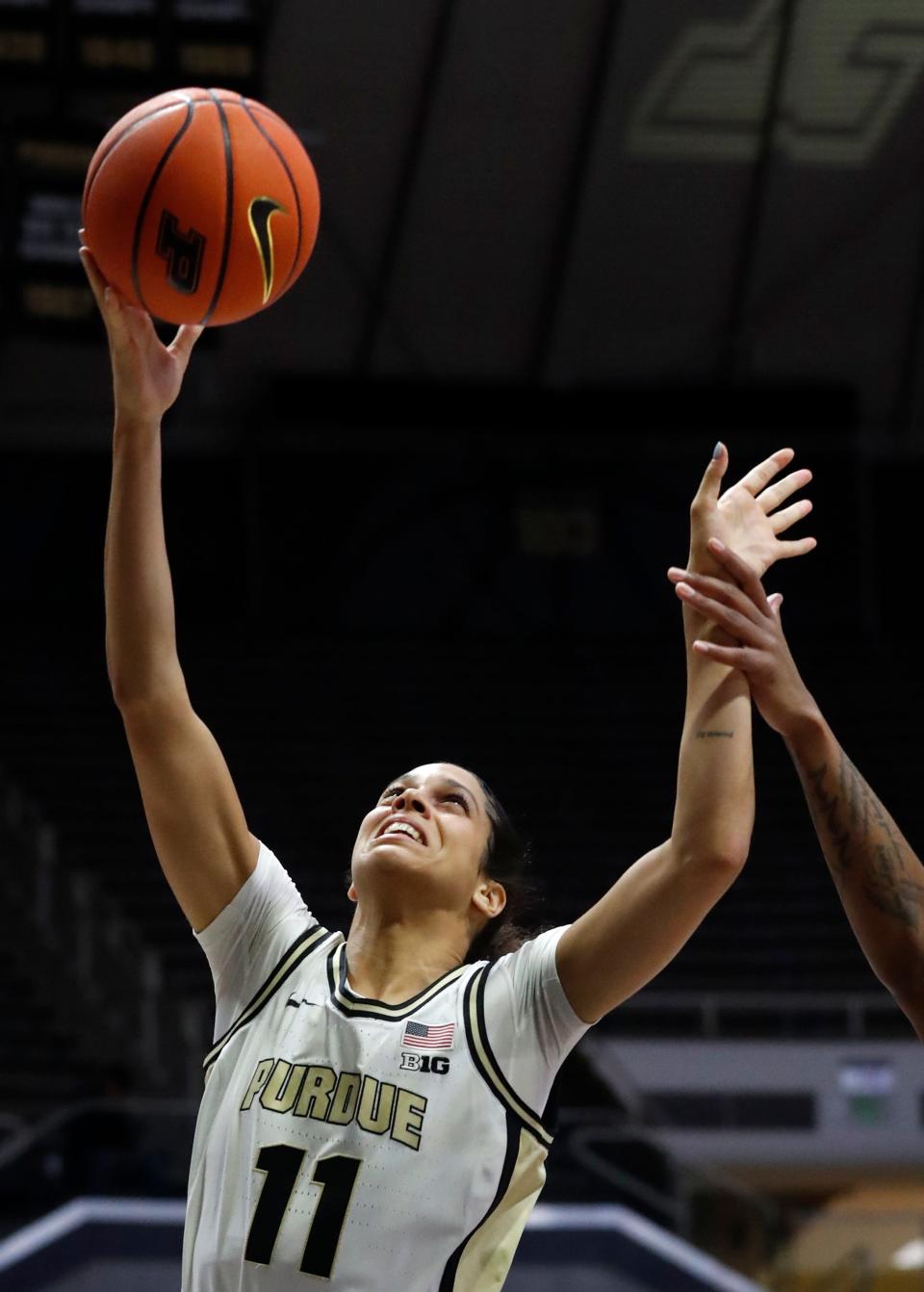 Purdue Boilermakers guard Lasha Petree (11) goes up for a shot during the NCAA women’s basketball game against the Syracuse Orange, Wednesday, Nov. 30, 2022, at Mackey Arena in West Lafayette, Ind. Purdue won 87-78.