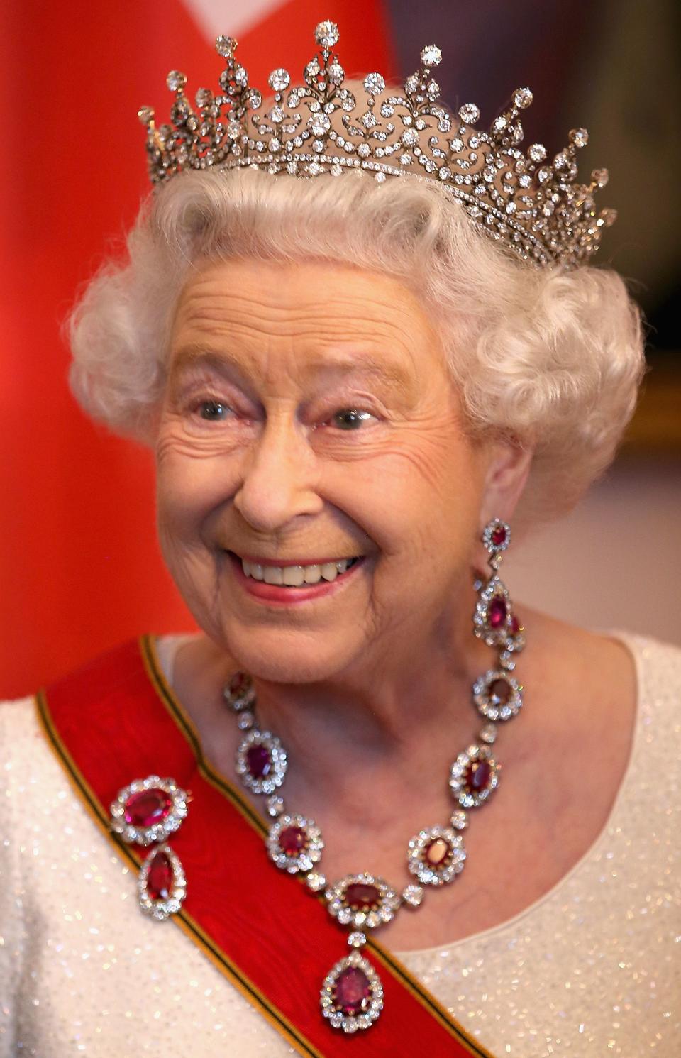 2015: Queen Elizabeth II meets guests during a state banquet at the Schloss Bellevue Palace on the second day of a four-day state visit on June 24, 2015, in Berlin.