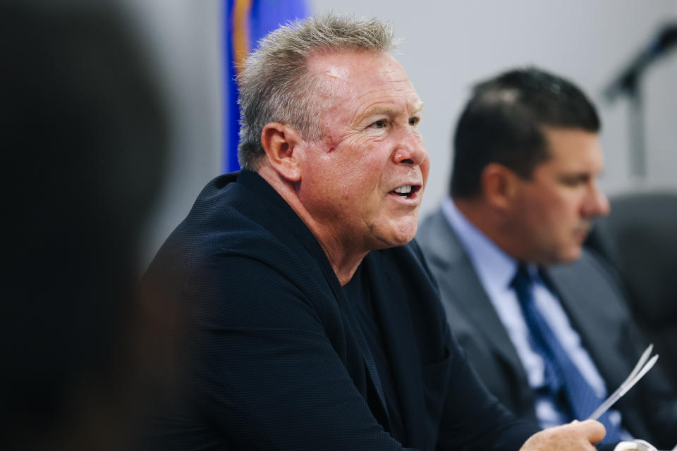 Chairman Stephen Cloobeck attends a State of Nevada Athletic Commission meeting held to discuss the Nevada Attorney General's investigation findings regarding the death of UNLV student Nathan Valencia, Tuesday, Aug. 23, 2022. (Wade Vandervort/Las Vegas Sun via AP)