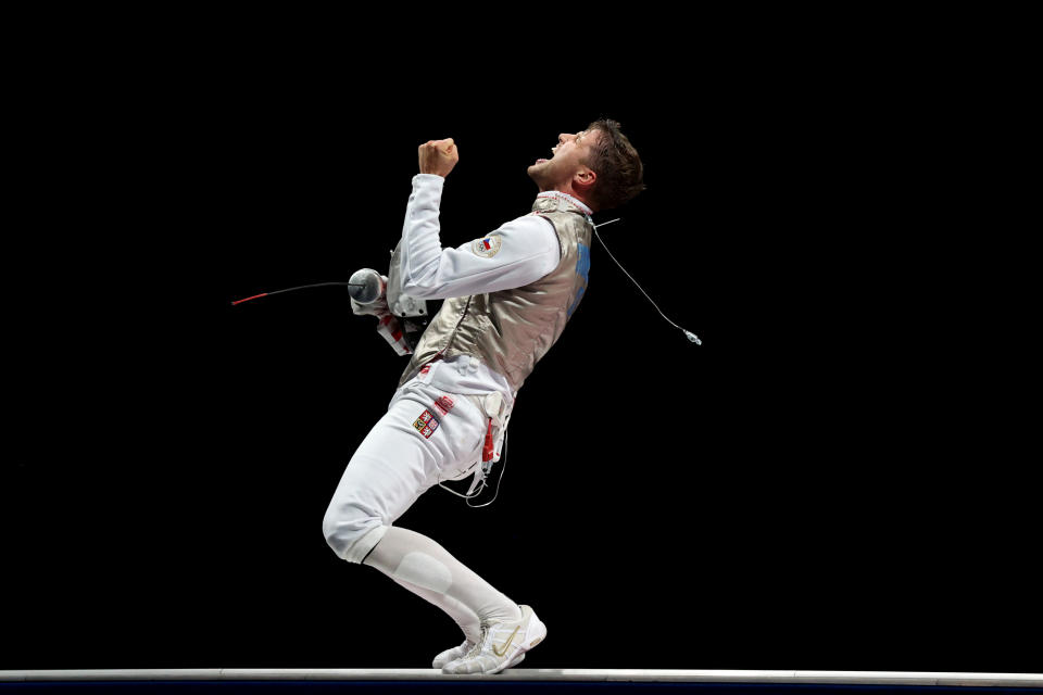 <p>CHIBA, JAPAN - JULY 26: Alexander Choupenitch of Team Czech Republic celebrates winning the Men's Foil Individual Fencing Bronze Medal Bout against Takahiro Shikine of Team Japan on day three of the Tokyo 2020 Olympic Games at Makuhari Messe on July 26, 2021 in Chiba, Japan. (Photo by Julian Finney/Getty Images)</p> 