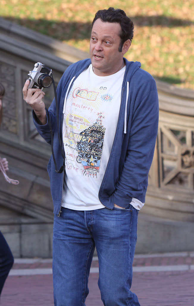 Vince Vaughn pictured on the set of 'The Delivery Man' movie at the Bethesda Fountain in Central Park, NYC.