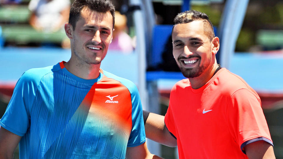 Bernard Tomic and Nick Kyrgios, pictured here at the Kooyong Classic in 2019.