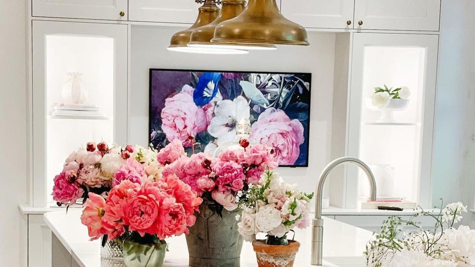 Shirlie Kemp's white kitchen with plants on the side