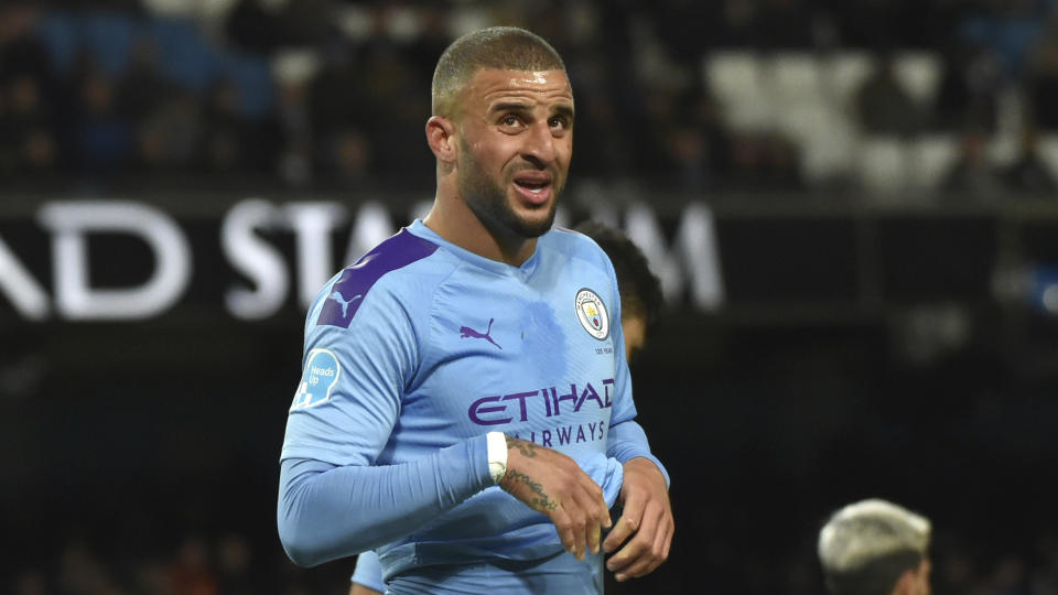 Manchester City's Kyle Walker during the English Premier League soccer match between Manchester City and West Ham at Etihad stadium in Manchester, England, Wednesday, Feb. 19, 2020. (AP Photo/Rui Vieira)