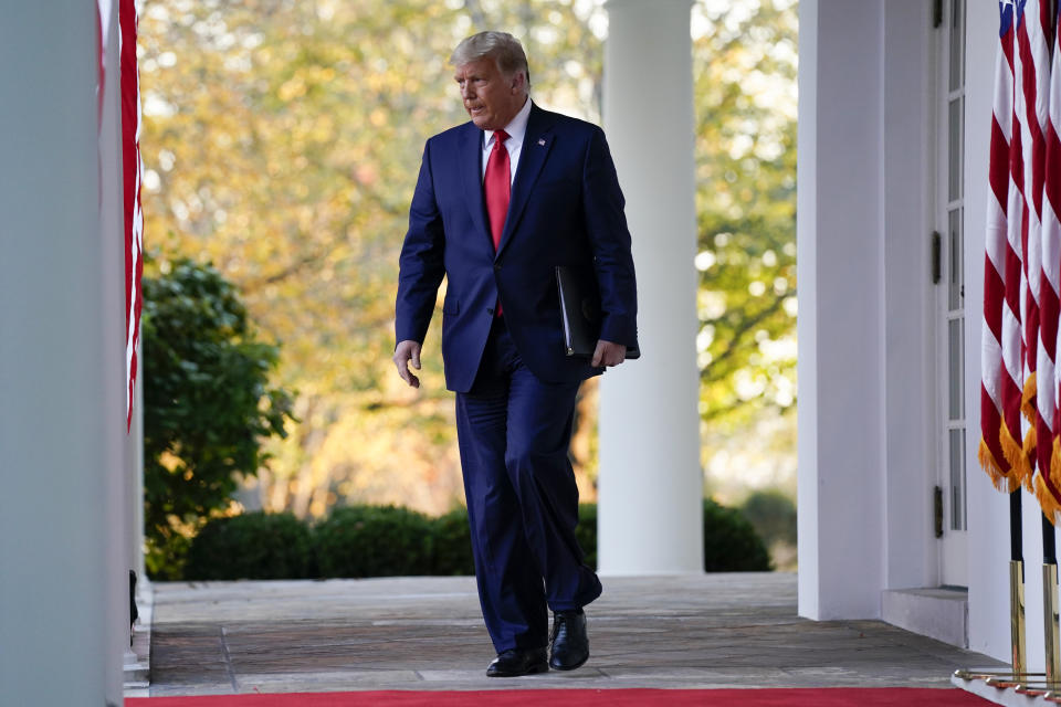 President Donald Trump arrives to speak in the Rose Garden of the White House, Friday, Nov. 13, 2020, in Washington. (AP Photo/Evan Vucci)