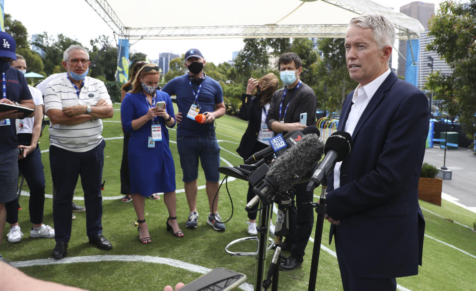 Australian Open tournament director Craig Tiley addresses the media in Melbourne, Australia, Thursday, Feb. 4. 2021. All competition at the six Australian Open tuneup events scheduled for Thursday were called off after a worker at one of the tournaments' Melbourne quarantine hotels tested positive for COVID-19. (Tennis Australia via AP)