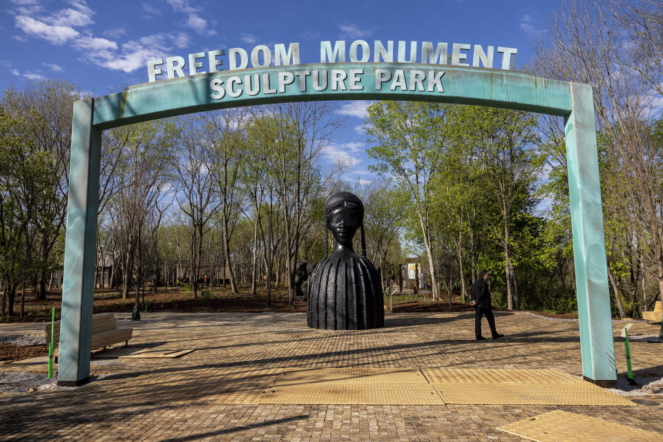 A view of the entry during a media tour of Equal Justice Initiative's new Freedom Monument Sculpture Park, Tuesday, March 12, 2024, in Montgomery, Ala. (AP Photo/Vasha Hunt)