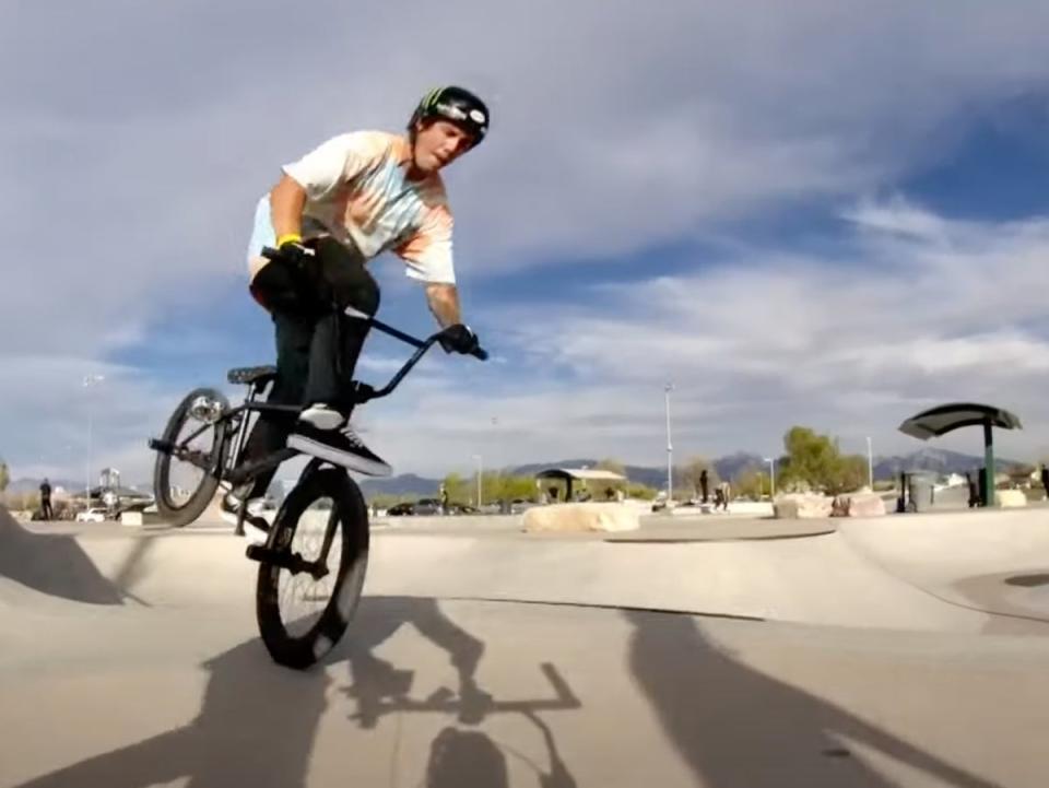 Pro BMX rider Pat Casey rides a bike during a video shoot (Screengrab/CBS 8 San Diego)