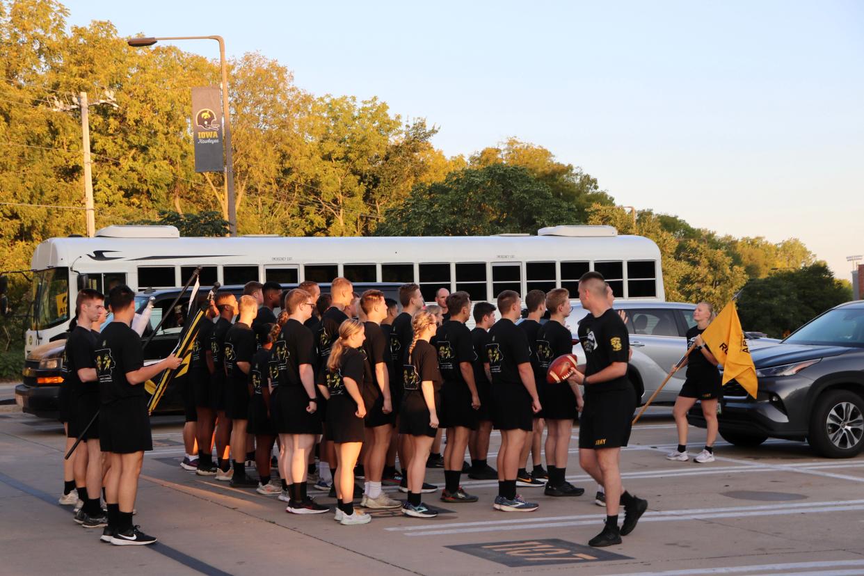 Cadet Battalion Commander Jon Gualtieri analyzes the cadet's formation as part of the annual ROTC Game Ball Run prior to Saturday's Cy-Hawk game on Friday, Sept. 8, 2023.