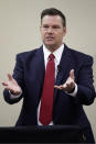 Senate candidate Kris Kobach answers a question during a GOP senatorial debate In Manhattan, Kan., Saturday, May 23, 2020. (AP Photo/Orlin Wagner)