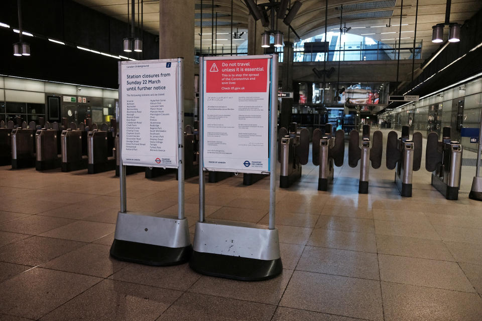 A quiet Canary Wharf Underground Station, the day after Prime Minister Boris Johnson put the UK in lockdown to help curb the spread of the coronavirus.