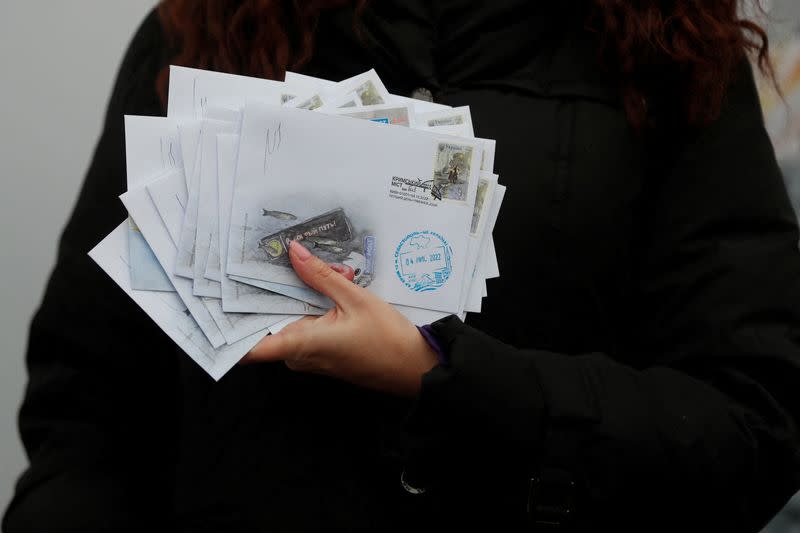 People queue up to buy new commemorative Crimea bridge destruction anti-Russian stamps in Kyiv