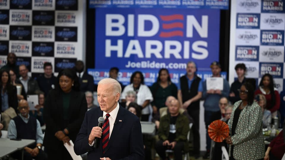 Biden speaks to local supporters and volunteers at the opening of his Wisconsin coordinated campaign headquarters in Milwaukee on March 13, 2024. - Brendan Smialowski/AFP/Getty Images