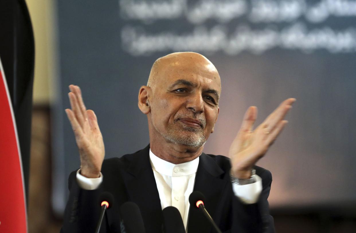 Afghan President Ashraf Ghani speaks during a ceremony celebrating the Persian New Year Nowruz at the presidential palace in Kabul, Afghanistan on March 21, 2021. The embattled president left the country on Sunday, Aug. 15, 2021, joining fellow citizens and foreigners in a stampede fleeing the advancing Taliban and signaling the end of a 20-year Western effort aimed at remaking Afghanistan. (AP Photo/Rahmat Gul, File)