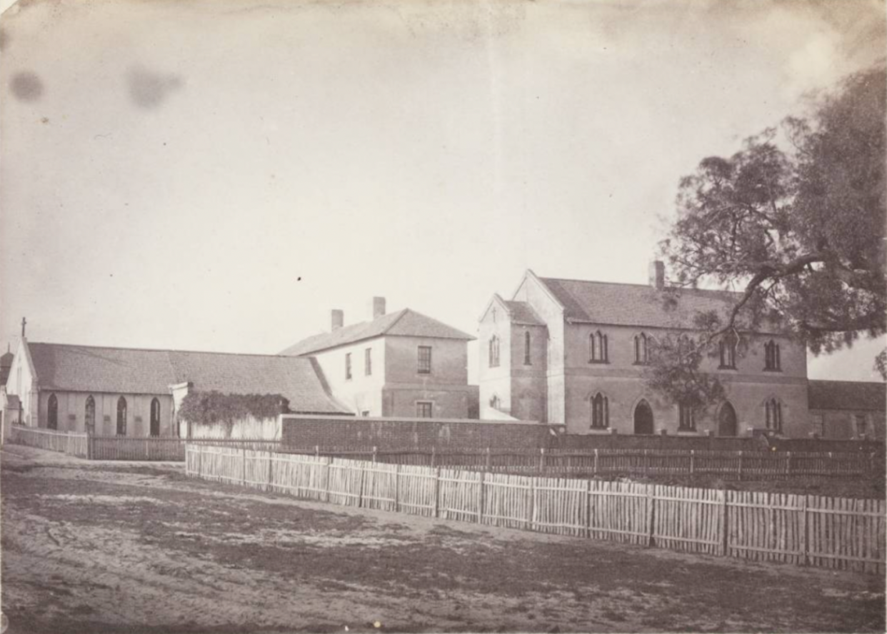 <span class="caption">St John’s Pro-Cathedral, the Convent of Mercy and the girls’ school in Perth circa 1862. </span> <span class="attribution"><a class="link " href="https://purl.slwa.wa.gov.au/slwa_b4167690_1" rel="nofollow noopener" target="_blank" data-ylk="slk:State Library of Western Australia;elm:context_link;itc:0;sec:content-canvas">State Library of Western Australia </a></span>