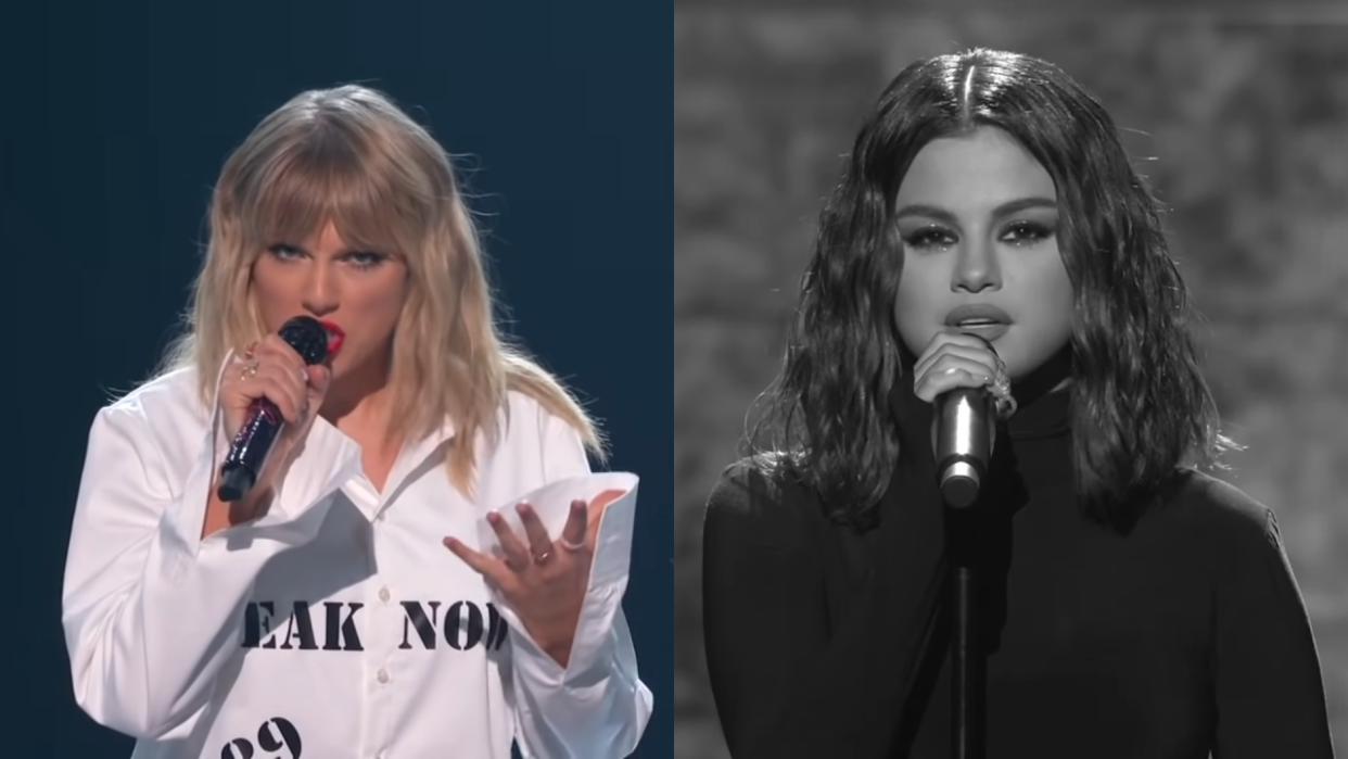  Selena Gomez and Taylor Swift performing at the AMA's in 2019. 