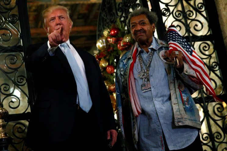 President-elect Donald Trump and boxing promoter Don King speak to reporters outside the Mar-a-lago Club in Palm Beach, Fla. (Photo: Jonathan Ernst/Reuters)
