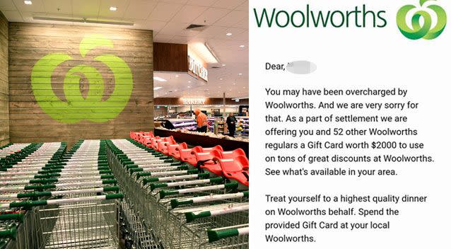 Woolworths has referred the scam email (right) to the ACCC. Source: AAP/ Facebook