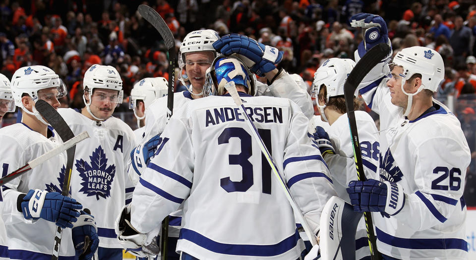 PHILADELPHIA, PA - NOVEMBER 02: Frederik Andersen #31 of the Toronto Maple Leafs celebrates with his teammates after defeating the Philadelphia Flyers 4-3 in a shootout on November 2, 2019 at the Wells Fargo Center in Philadelphia, Pennsylvania.  (Photo by Len Redkoles/NHLI via Getty Images)