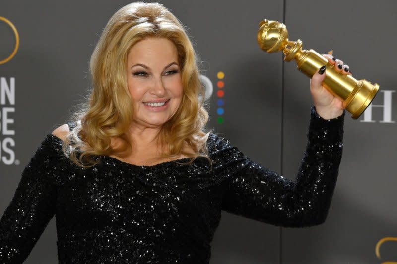 Jennifer Coolidge appears backstage after winning the award for Best Supporting Actress in a Limited or Anthology Series or Television Film award for "The White Lotus" during the 80th annual Golden Globe Awards at the Beverly Hilton in Beverly Hills, Calif., on Jan. 10. 2023. File Photo by Jim Ruymen/UPI