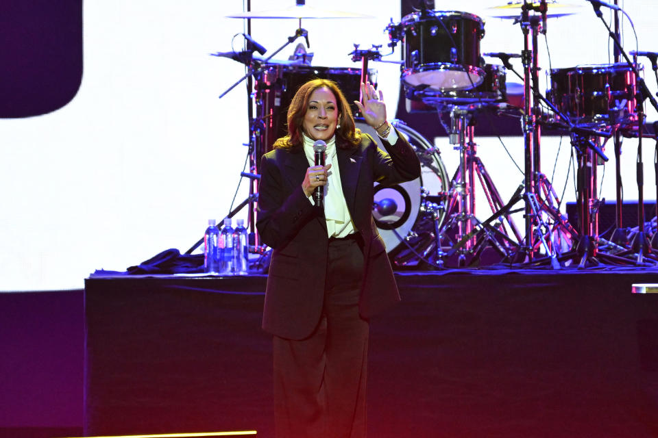 NEW ORLEANS, LOUISIANA - JULY 05: US Vice President Kamala Harris speaks onstage during Night 1 of the 2024 ESSENCE Festival of Culture at Caesars Superdome on July 5, 2024 in New Orleans, Louisiana. (Photo by Paras Griffin/Getty Images)