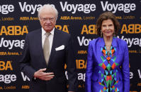 Sweden's King Carl Gustaf and Queen Silvia arrive for the ABBA Voyage concert at the ABBA Arena in London, Thursday May 26, 2022. ABBA is releasing its first new music in four decades, along with a concert performance that will see the "Dancing Queen" quartet going entirely digital. The virtual version of the band will begin a series of concerts on Thursday. (AP Photo/Alberto Pezzali)