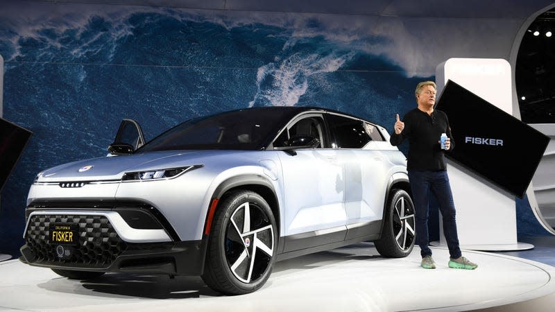 Henrik Fisker speaks about the Fisker Ocean electric vehicle after it is unveiled during AutoMobility LA ahead of the Los Angeles Auto Show on November 17, 2021