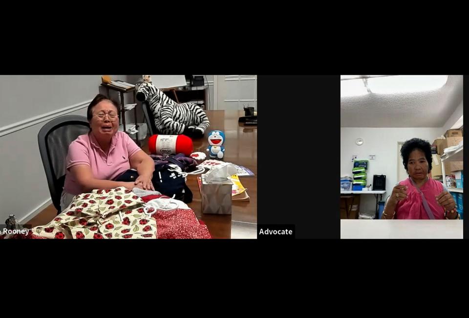 In a screen grab from a Zoom call Oct. 21, 2022, Supee Spindler, left, cries as she sees the condition her daughter, Nisarat Jittasonthi, right. The two had not seen each other for 20 months. Spindler's attorneys, Rooney & Rooney, provided a recording of the Zoom call.