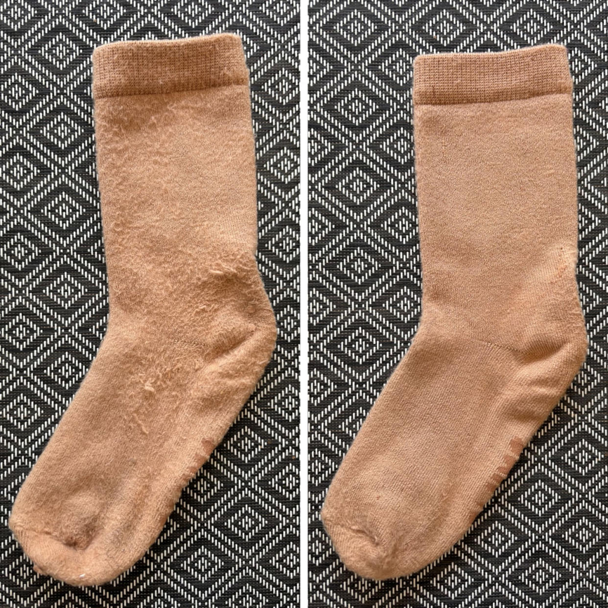 Skims Everyday Crew Socks before using a fabric shaver (left) and after using a fabric shaver to get rid of pilling (right). (Courtesy Zoe Malin)