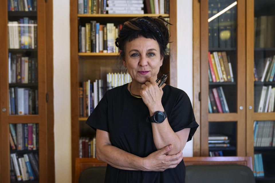 Polish writer and Nobel Prize winner for literature Olga Tokarczuk poses for a photo after a press conference in Jerusalem, Sunday, May 15, 2022. (AP Photo/Tsafrir Abayov)