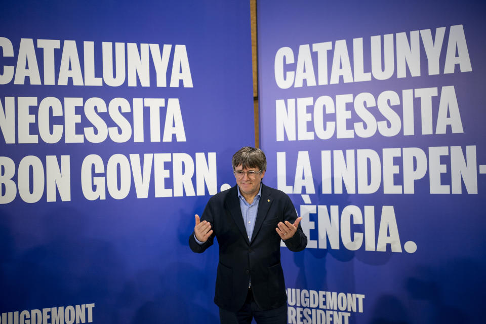 Former regional president Carles Puigdemont poses for a photo during a campaign rally in Argelers, France, Wednesday, May 8, 2024. About 6 million Catalans are casting ballots in a regional election that will test if Catalonia wants pro-independence leader Carles Puigdemont back or if the wealthy region has moved on to more pressing worries. (AP Photo/Joan Mateu)