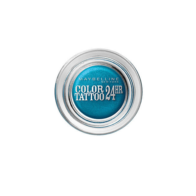 Maybelline Color Tattoo in Turquoise Forever - £4.99 - <a href="http://www.waitrose.com/shop/ProductView-10317-10001-185253-Maybelline+clr+tattoo+24hr+eyes+20" rel="nofollow noopener" target="_blank" data-ylk="slk:Waitrose;elm:context_link;itc:0;sec:content-canvas" class="link ">Waitrose</a><br><br>Wear this bright blue cream eye shadow with a feline flick of eyeliner.