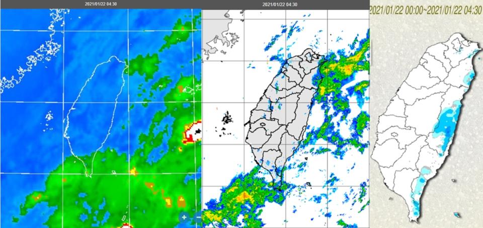 圖：今(22日)晨4：30紅外線雲圖顯示，東半部、南台灣雲層增多(左圖)。4：30降水回波合成圖顯示，回波大多在東半部海面及巴士海峽(中圖)。4：30累積雨量圖顯示，東半部、恆春半島有局部降雨(右圖)。