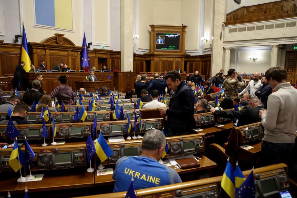 MPs consider the Budget amendments during the session in Kyiv, Ukraine, November 3, 2022. Ukrainian Parliament adopted State Budget-2023 with 295 votes in favor. (Sergii Kharchenko/NurPhoto via Getty Images)