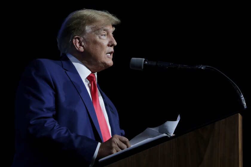 Former president Donald Trump speaks during the Leadership Forum at the National Rifle Association Annual Meeting at the George R. Brown Convention Center Friday, May 27, 2022, in Houston. (AP Photo/Michael Wyke)