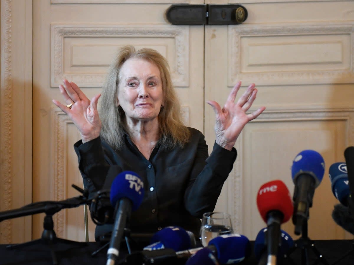 Annie Ernaux reacts during a press conference after she won the 2022 Nobel Literature Prize, at the Gallimard headquarters in Paris on 6 October 2022 (JULIEN DE ROSA/AFP via Getty Images)