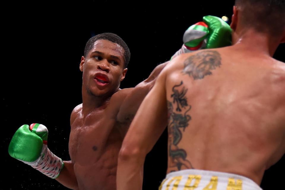 NATIONAL HARBOR, MD - MAY 25: Devin Haney punches Antonio Moran during their WBC and WBO Inter-Continental lightweight championship fight at The Theater at MGM National Harbor on May 25, 2019 in National Harbor, Maryland. (Photo by Will Newton/Getty Images)
