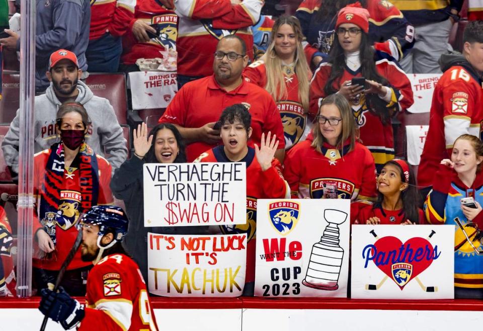 Fans cheer as the Florida Panthers get on the ice during the warmup period before the start of their Game 4 of the NHL Stanley Cup Eastern Conference finals series against the Carolina Hurricanes at the FLA Live Arena on Wednesday, May 24, 2023 in Sunrise, Fla.