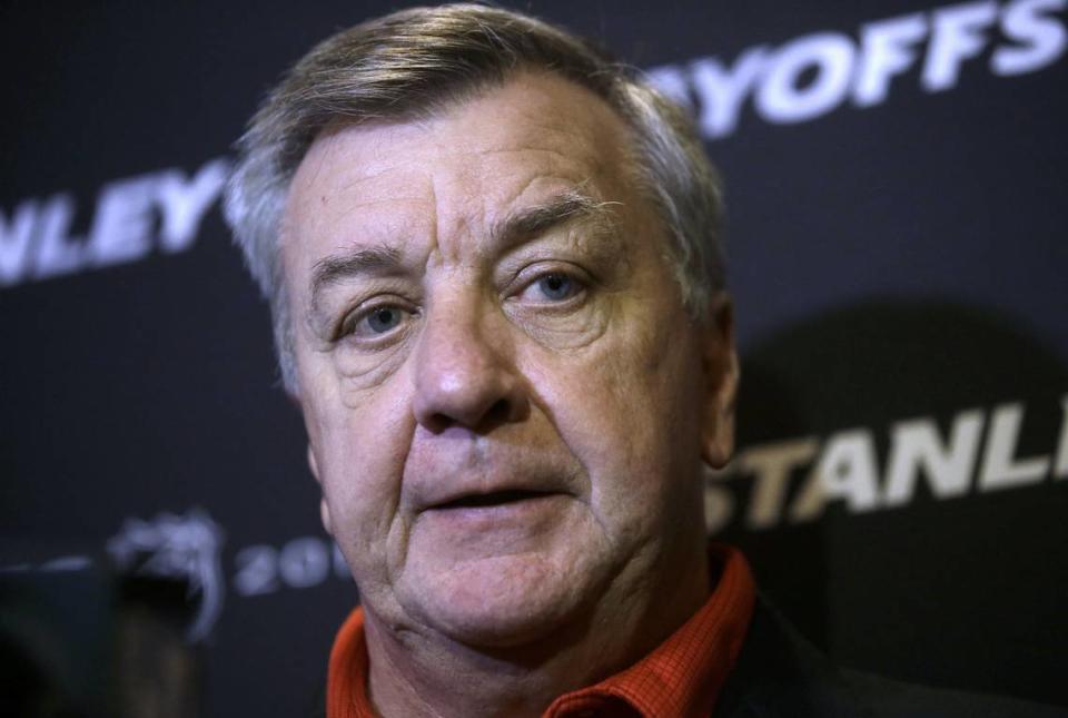 Carolina Hurricanes general manager Don Waddell faces reporters during a media availability Wednesday, May 8, 2019, in Boston, in advance of Thursday’s Game1 of the NHL hockey Stanley Cup Eastern Conference finals against the Boston Bruins. (AP Photo/Steven Senne)