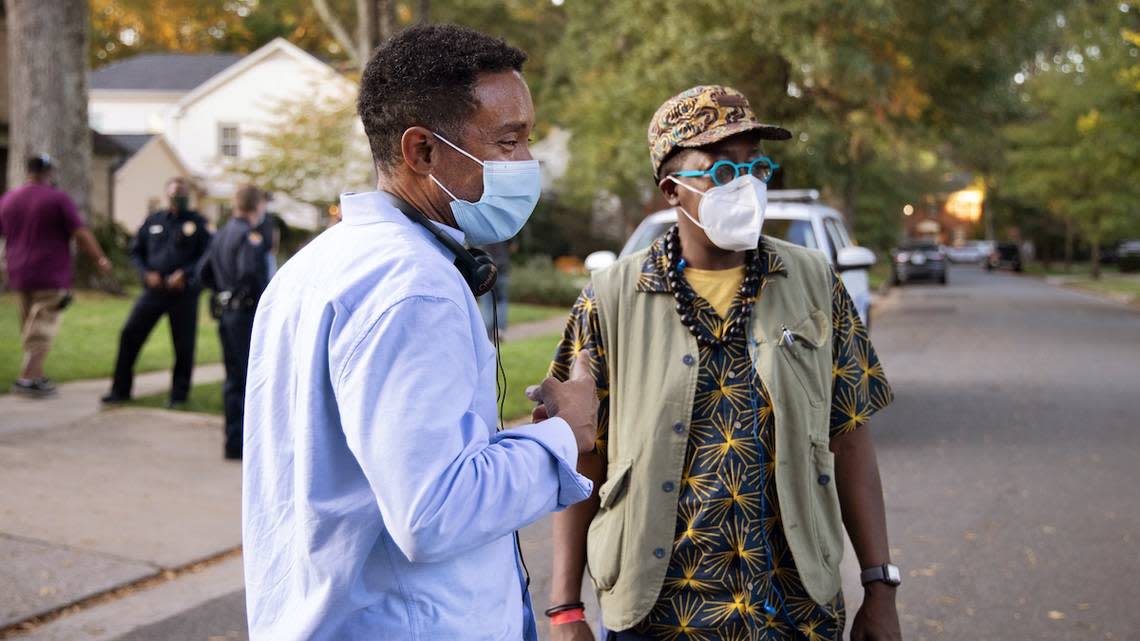 “Delilah” executive producer and director Charles Randolph-Wright, left, and director Cheryl Dunye work on the set in Charlotte. The show represents a homecoming for Randolph-Wright, who grew up in the area.