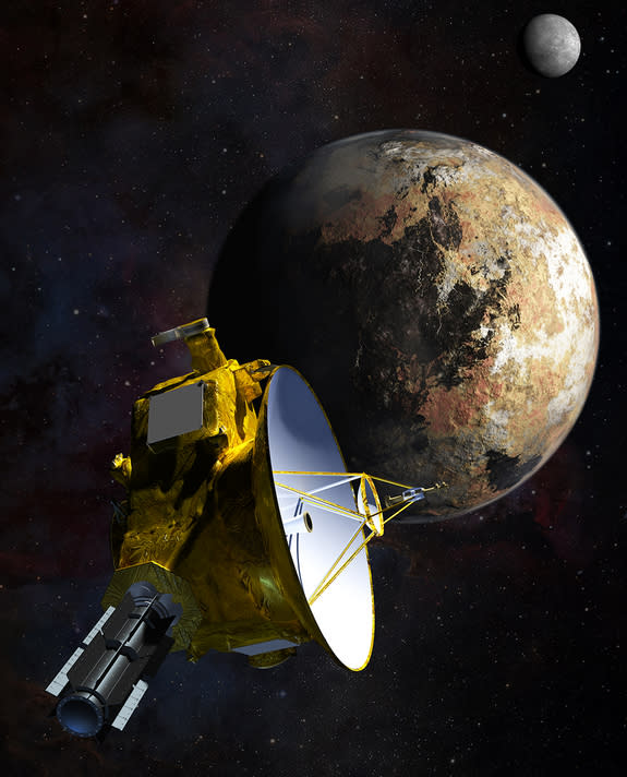 Artist's concept of NASA's New Horizons spacecraft as it passes Pluto and Pluto's largest moon, Charon, in July 2015.